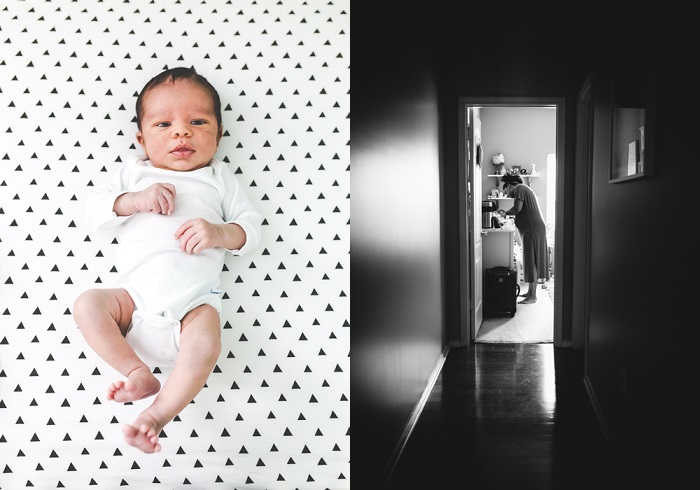 split image with baby in crib on left and black and white image of mother in nursery on right