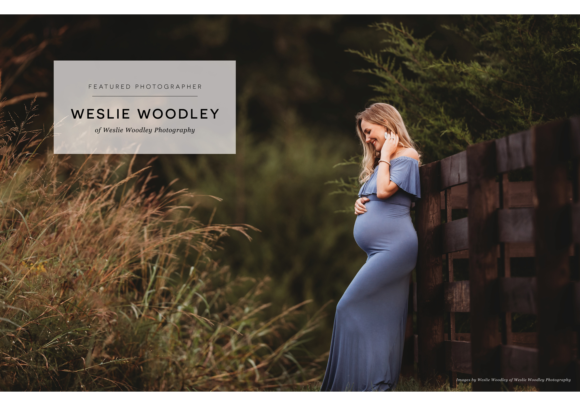 pregnant woman wearing blue dress, leaning against a farm fence