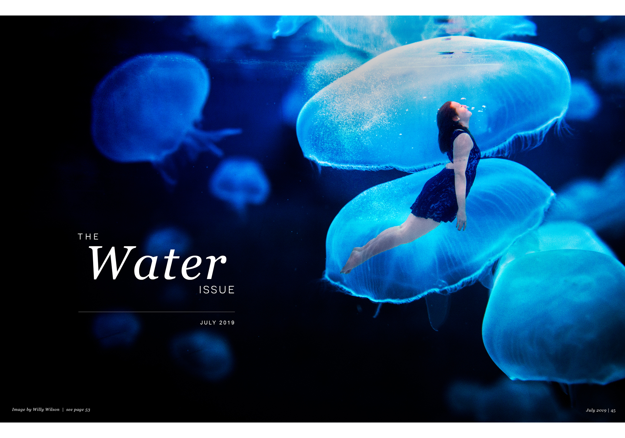 The Water Issue July 2019, woman in blue dress, swimming with giant jellyfish