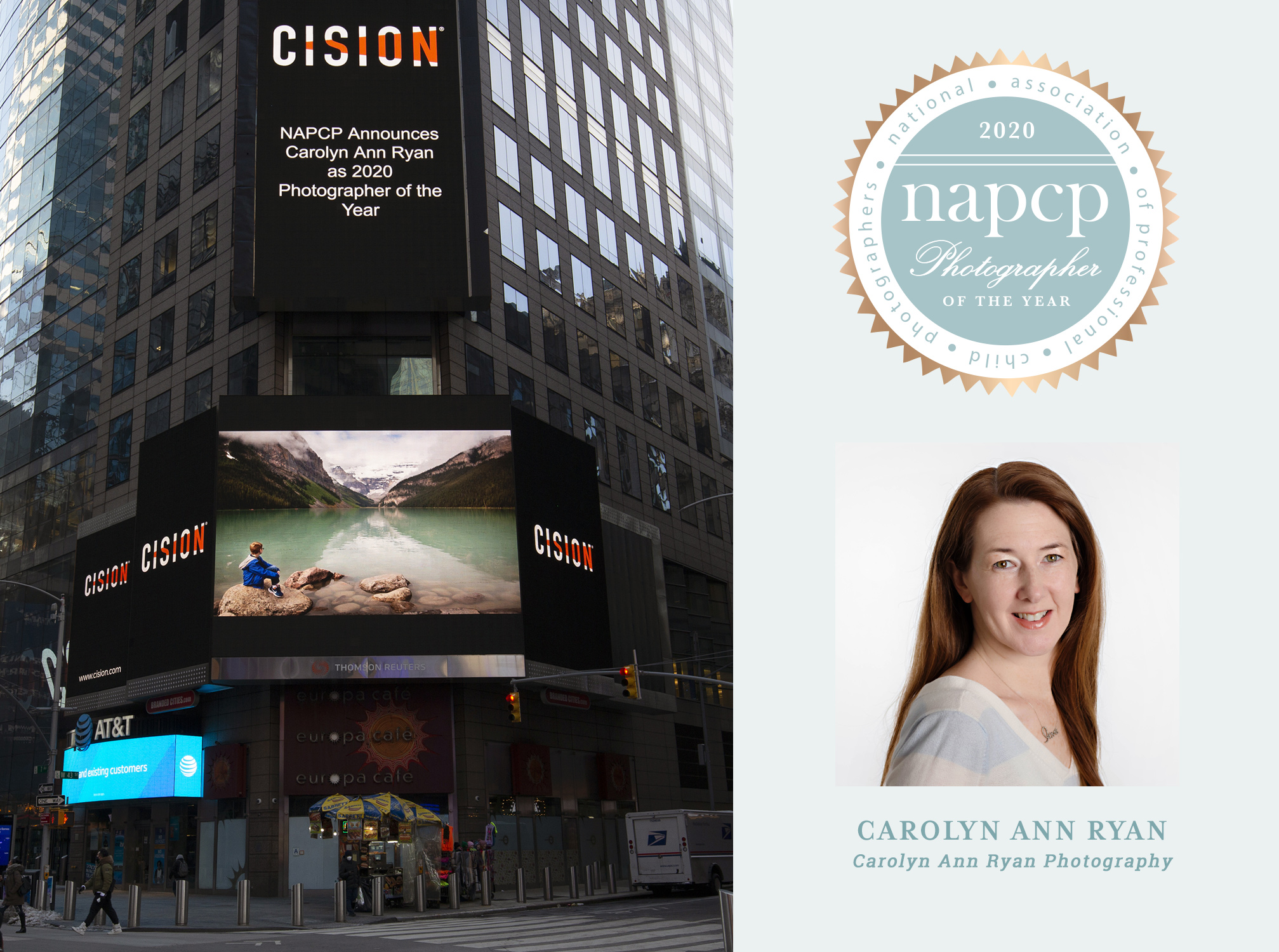 CISION, NAPCP Announces 2020 Photographer of the Year, Carolyn Ann Ryan, Carolyn Ann Ryan Photography, Times Square billboard, digital billboard, New York City